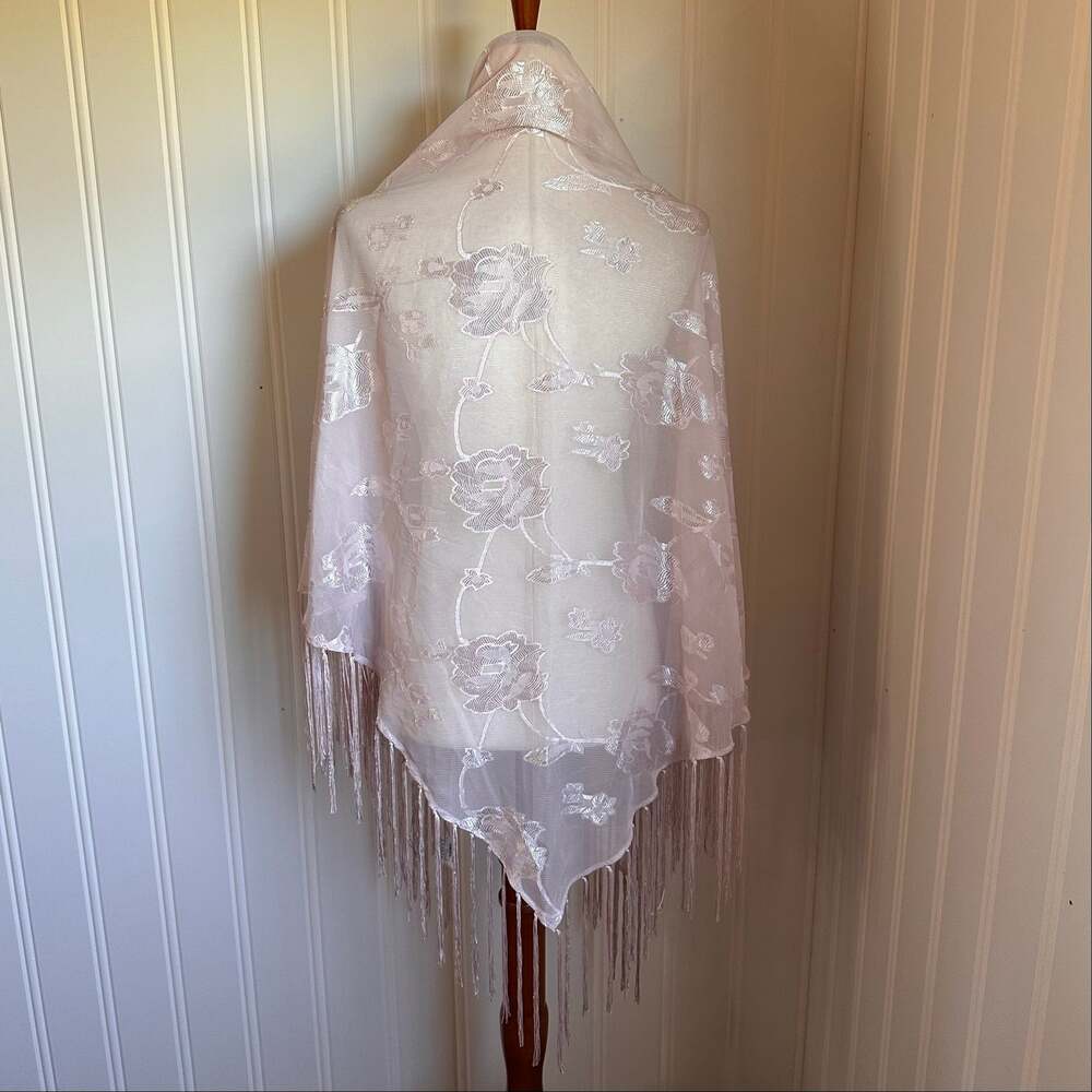 Boho Light Pink Floral Sheer Fringe Shawl OS